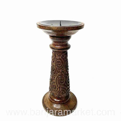 Banjara Market | Carved Wooden Candle Stands (Set of 2)(SMALL)