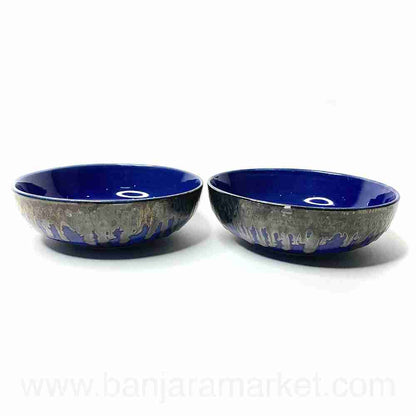 Banjara Market | Big Blue Flat Bowls with silver Dripping (Set of 2)