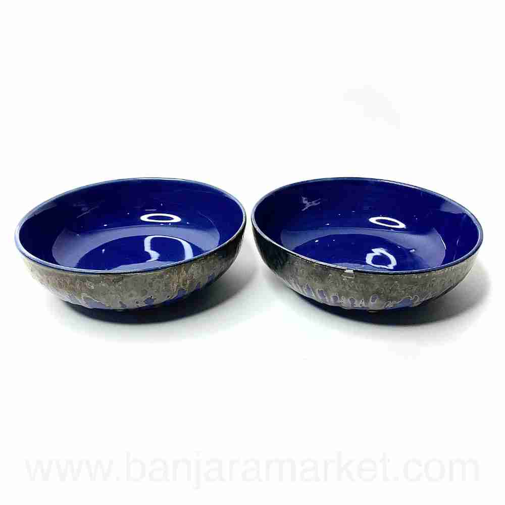 Banjara Market | Big Blue Flat Bowls with silver Dripping (Set of 2)