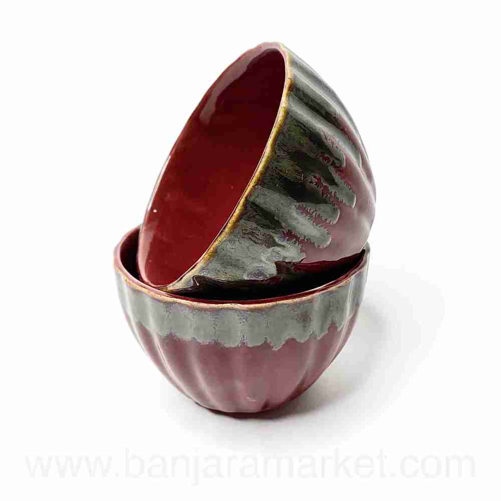 Banjara Market | Maroon Bowls with Dripping Silver (Set of 2)