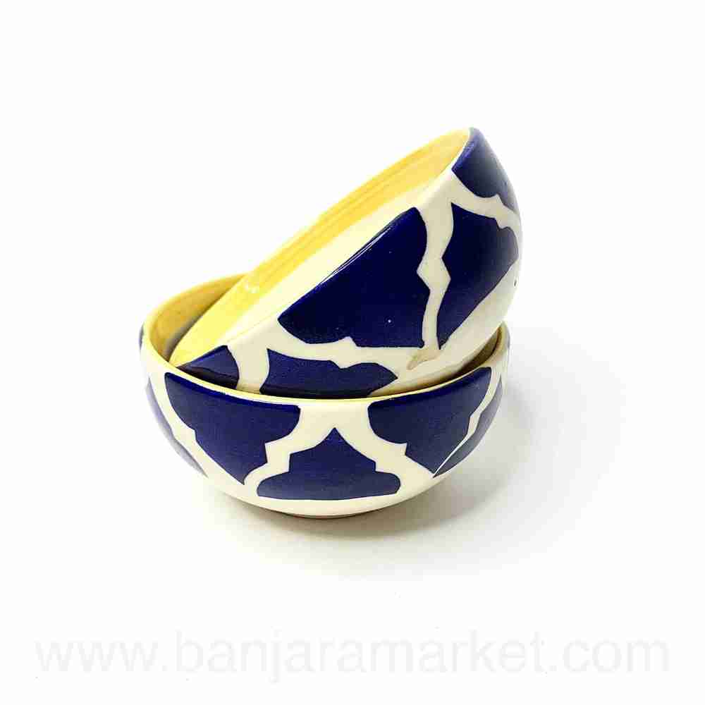 Banjara Market | Yellow-Line Blue Moroccan Small Bowls (Set of 2)