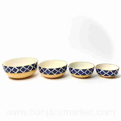 Banjara Market | Yellow-Blue Mughal Print Serving Bowls (Set of 4)