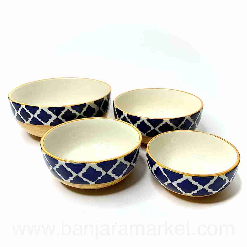 Banjara Market | Yellow-Blue Mughal Print Serving Bowls (Set of 4)