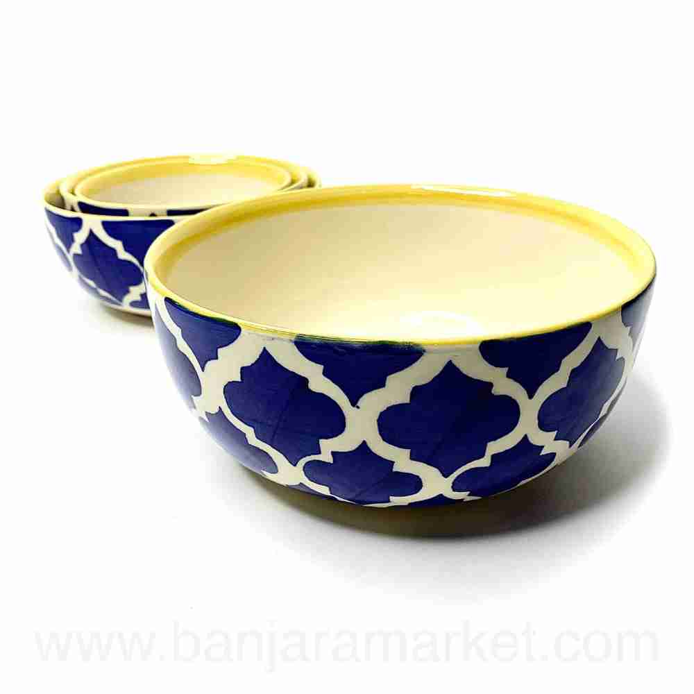 Banjara Market | Yellow-Border Blue Moroccan Bowls (Set of 4)