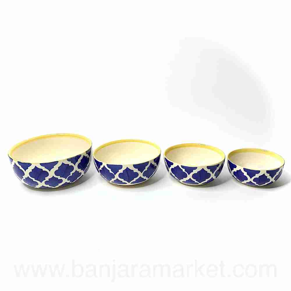 Banjara Market | Yellow-Border Blue Moroccan Bowls (Set of 4)