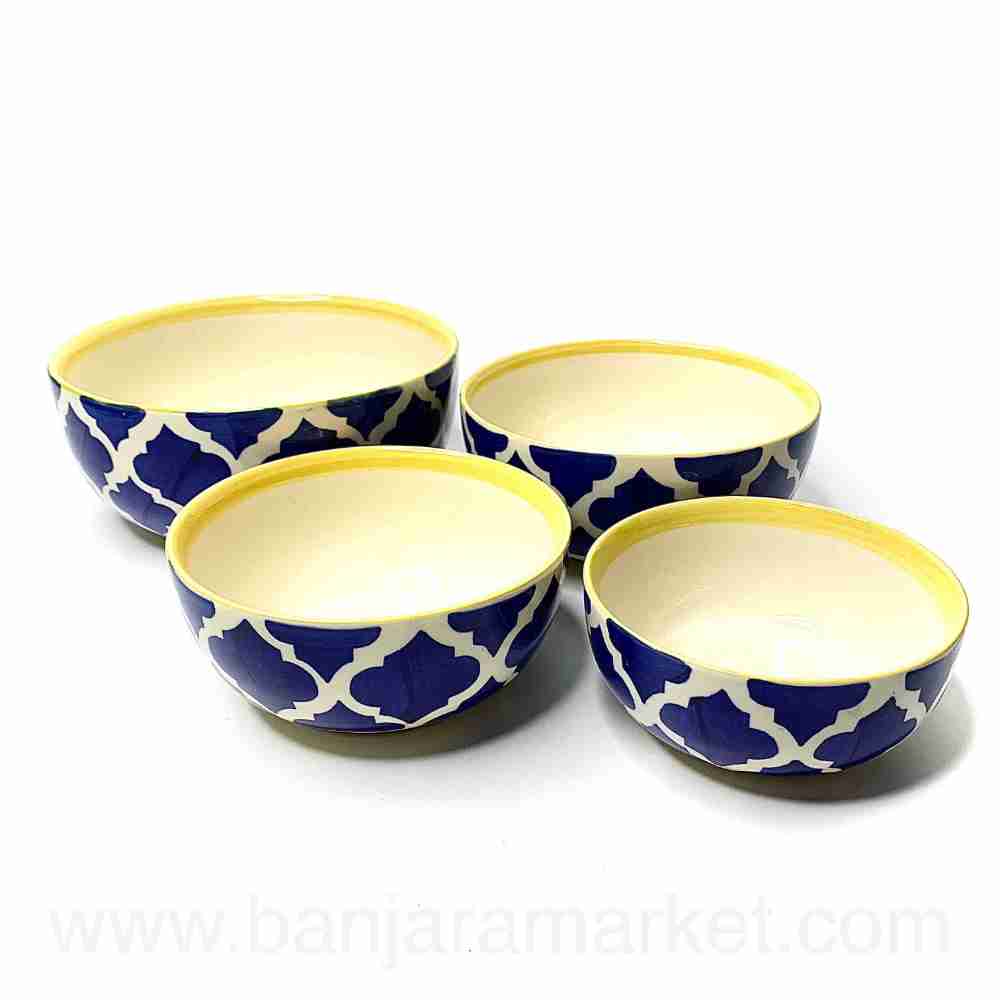 Banjara Market | Yellow-Border Blue Moroccan Bowls (Set of 4)