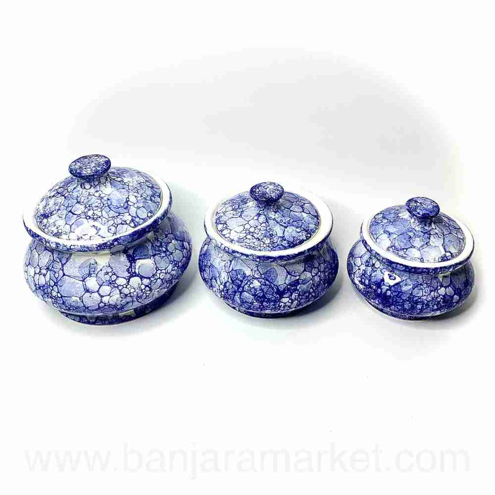 Banjara Market | Blue Bubble Print Handi (Set of 3)