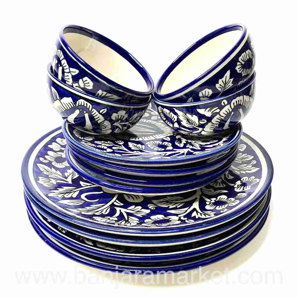 Banjara Market | Blue Mughal Print Dinner Set (Set of 12)