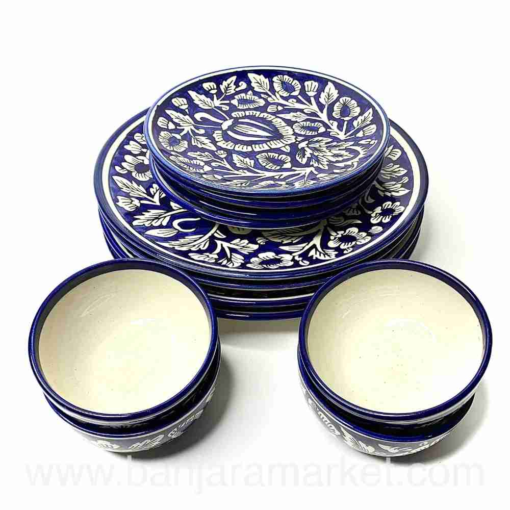 Banjara Market | Blue Mughal Print Dinner Set (Set of 12)