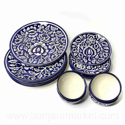 Banjara Market | Blue Mughal Print Dinner Set (Set of 12)