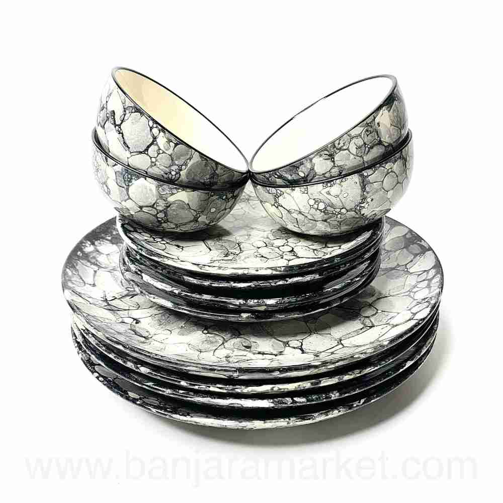 Banjara Market | Grey Bubble Print Dinner Set (Set of 12)