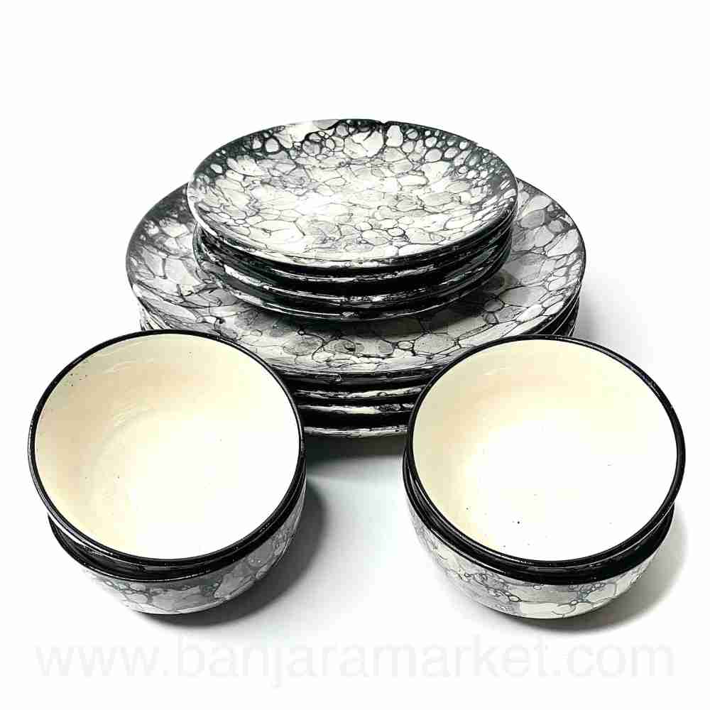 Banjara Market | Grey Bubble Print Dinner Set (Set of 12)