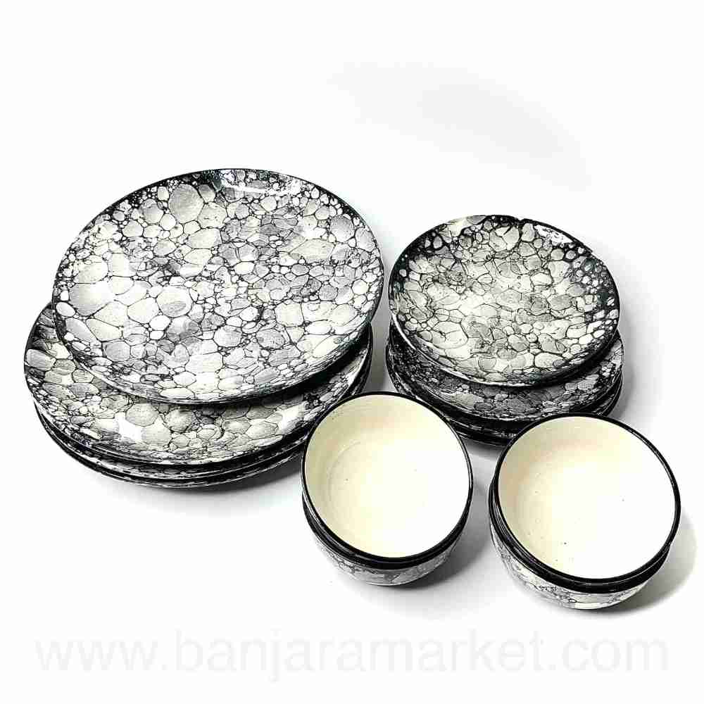 Banjara Market | Grey Bubble Print Dinner Set (Set of 12)