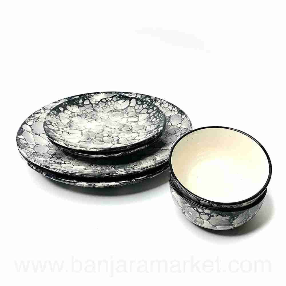 Banjara Market | Grey Bubble Print Dinner Set (Set of 6)