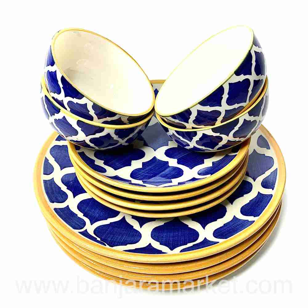 Banjara Market | Yellow-Line Blue Moroccan Dinner Set (Set of 12)