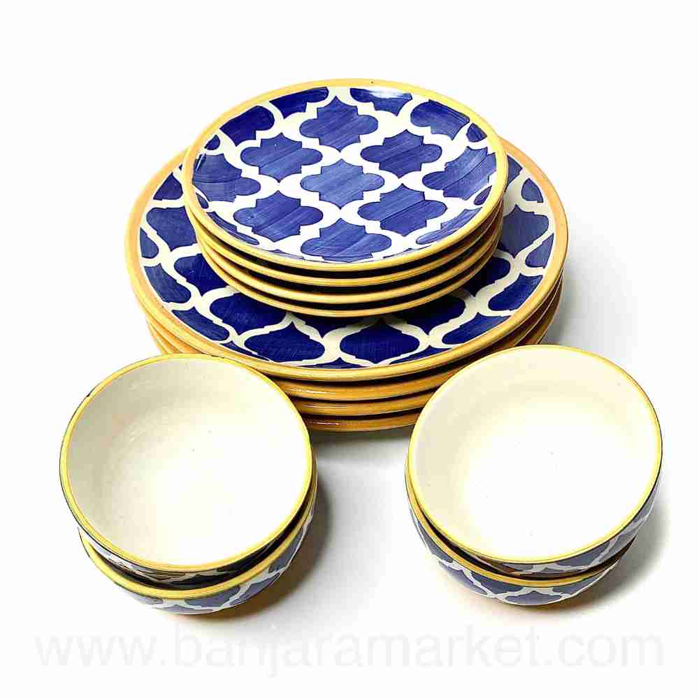 Banjara Market | Yellow-Line Blue Moroccan Dinner Set (Set of 12)