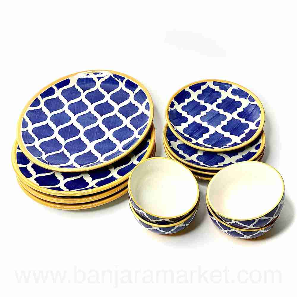 Banjara Market | Yellow-Line Blue Moroccan Dinner Set (Set of 12)