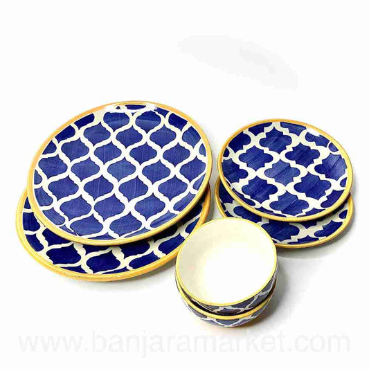 Banjara Market | Yellow-Line Blue Moroccan Dinner Set (Set of 6)