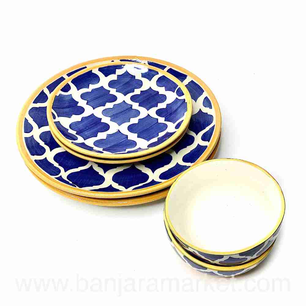 Banjara Market | Yellow-Line Blue Moroccan Dinner Set (Set of 6)