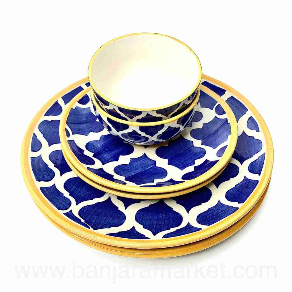 Banjara Market | Yellow-Line Blue Moroccan Dinner Set (Set of 6)