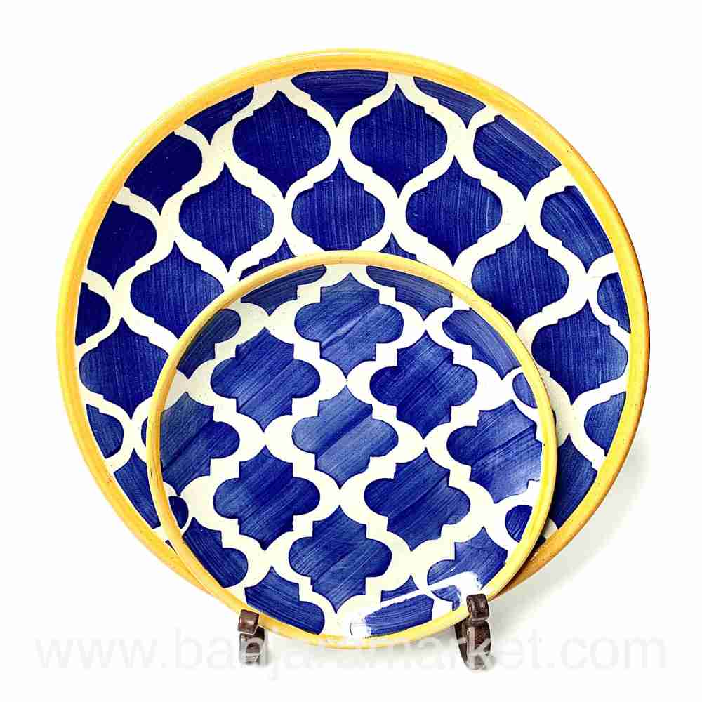 Banjara Market | Yellow-Line Blue Moroccan Dinner Set (Set of 12)