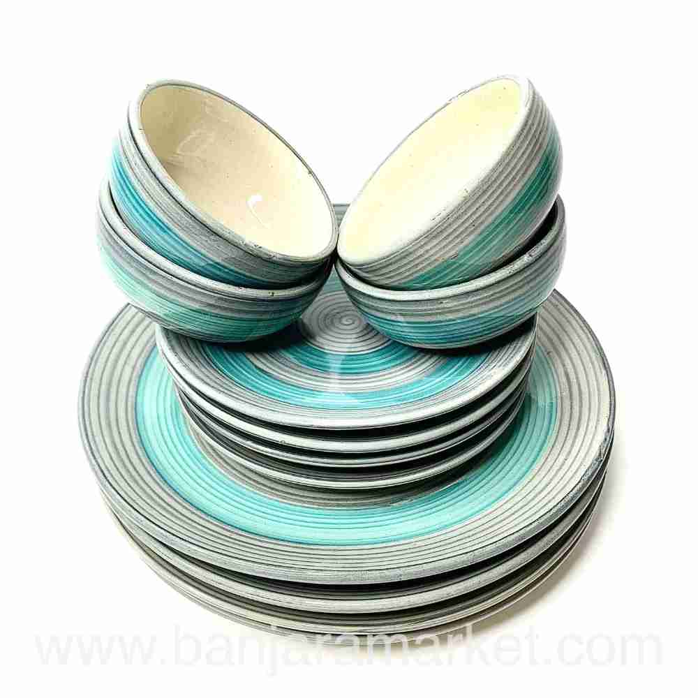 Banjara Market | Blue-Grey Rings Dinner Set (Set of 12)