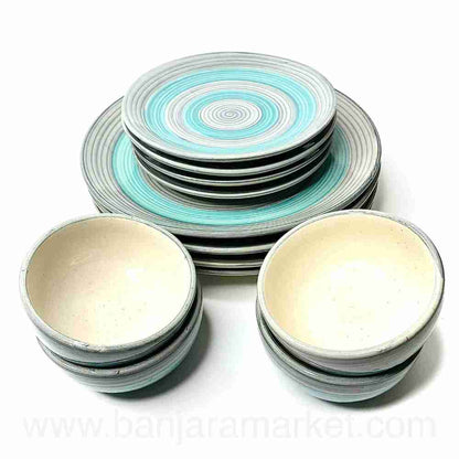 Banjara Market | Blue-Grey Rings Dinner Set (Set of 12)