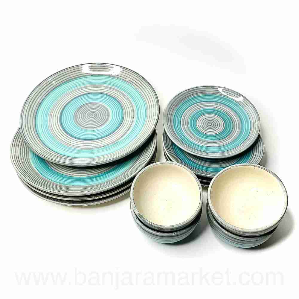 Banjara Market | Blue-Grey Rings Dinner Set (Set of 12)