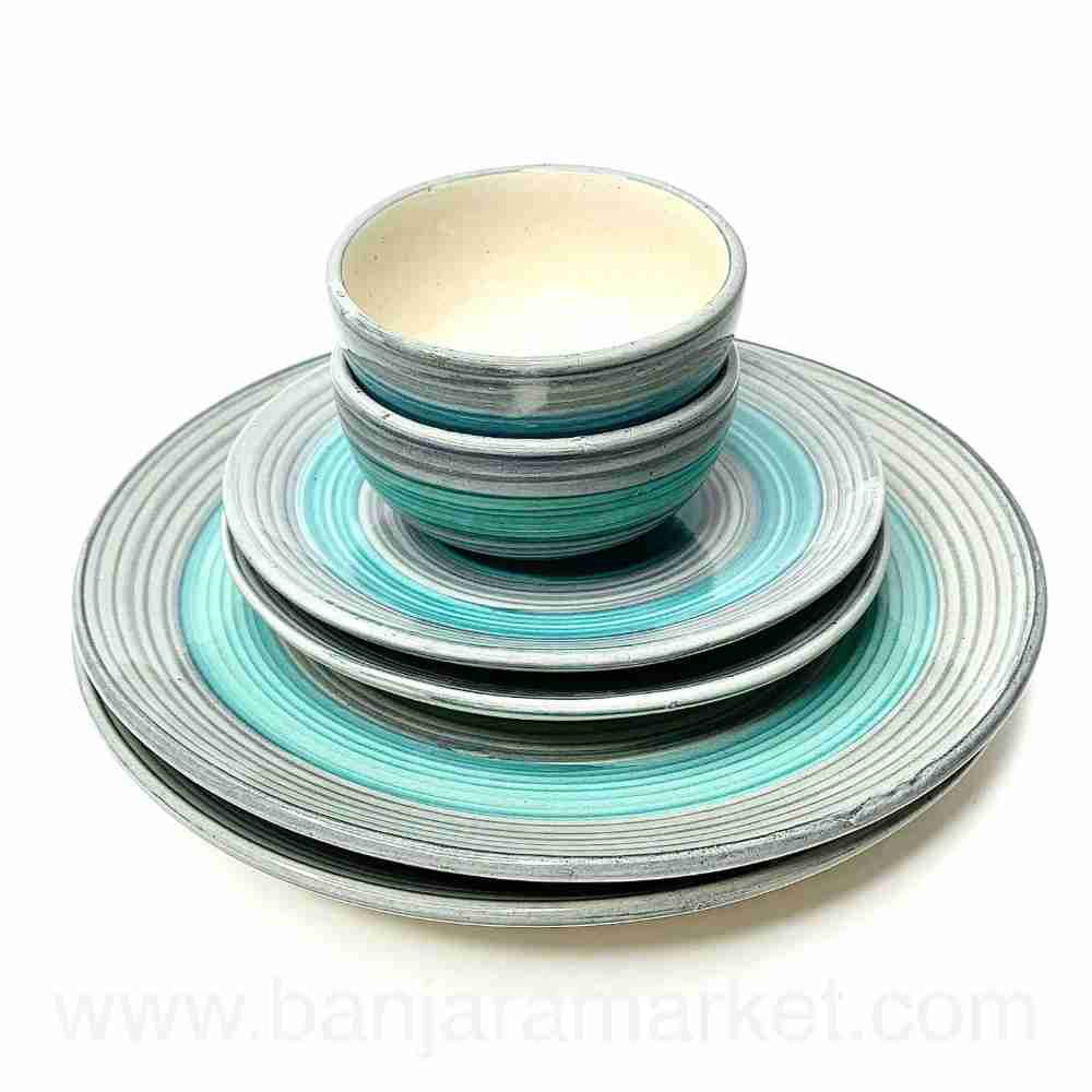 Banjara Market | Blue-Grey Rings Dinner Set (Set of 6)