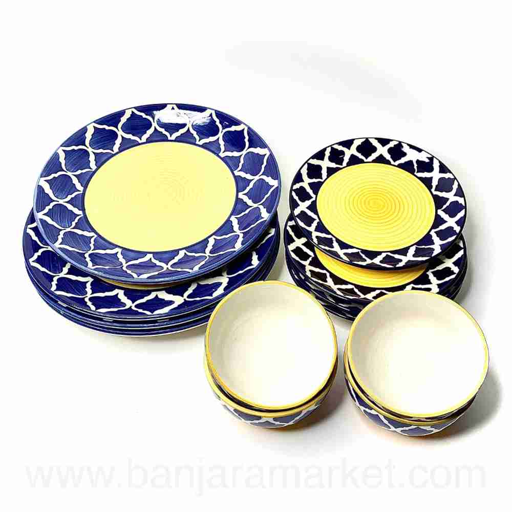 Banjara Market | Yellow-Blue Mughal Dinner Set (Set of 12)