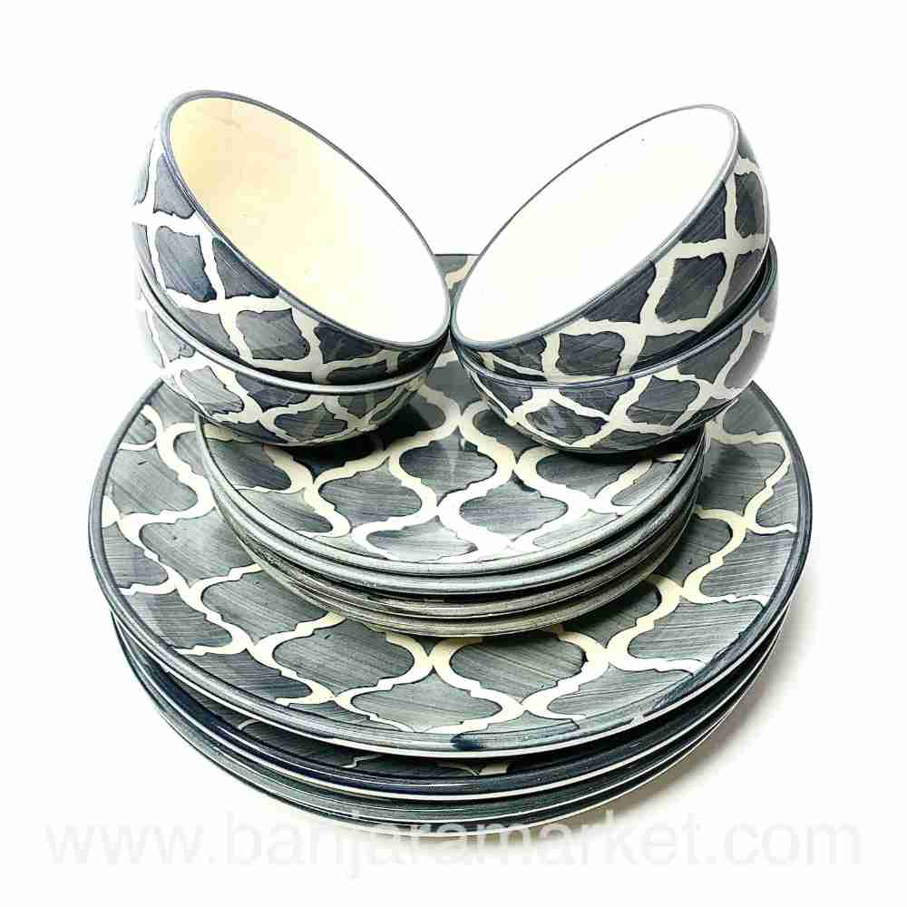 Banjara Market | Grey Moroccan Print Dinner Set (Set of 12)