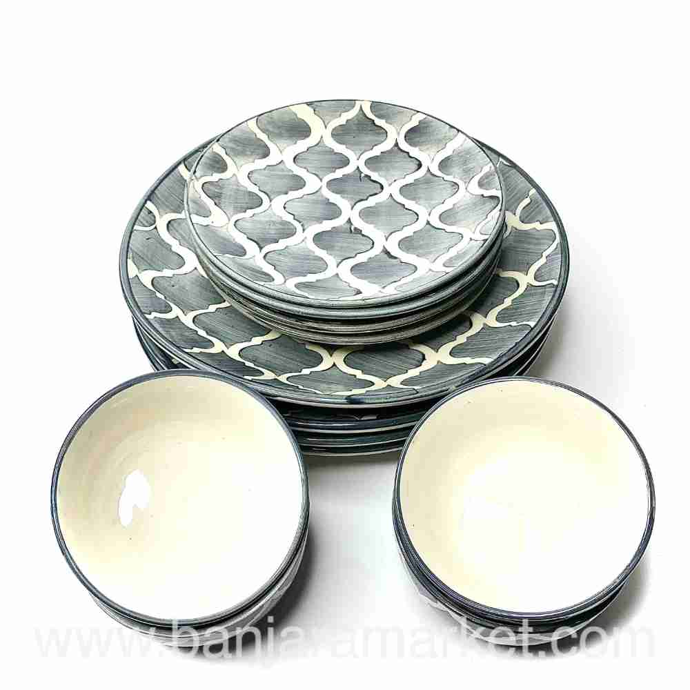 Banjara Market | Grey Moroccan Print Dinner Set (Set of 12)