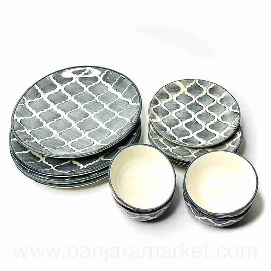 Banjara Market | Grey Moroccan Print Dinner Set (Set of 12)