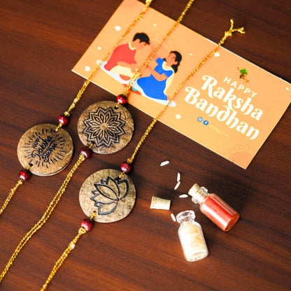 Thenga Rakshabandhan Hampers | Gift Hampers Set with Rakhis, Kumkum, Rice Grains, and a Coconut Bowl for Brother & Sister