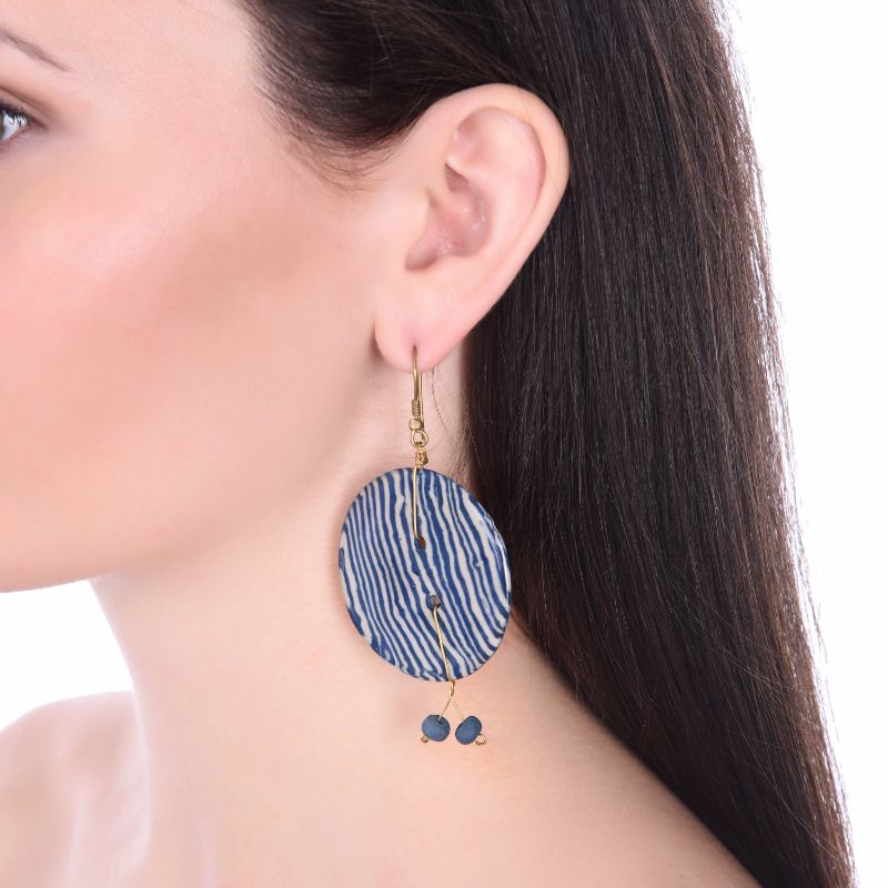 ceramic ivory & indigo bead round earring set