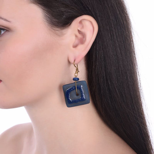 glazed ceramic loop grey & blue earring set