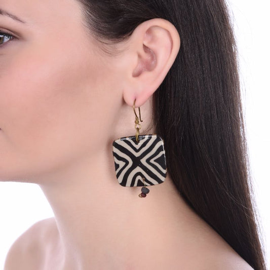 glazed ceramic square white & brown earring set