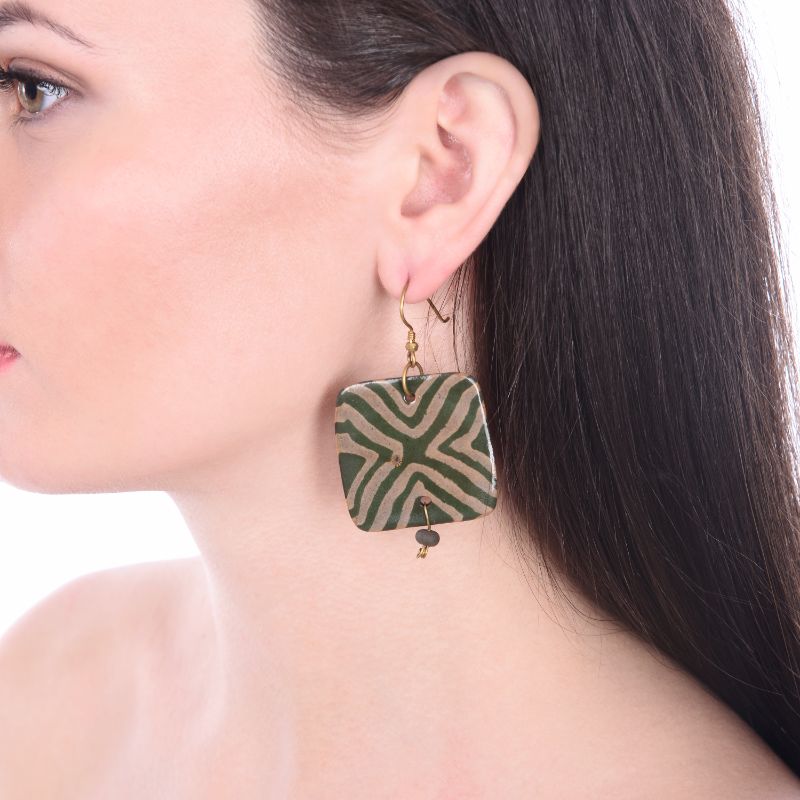 glazed ceramic square white & olive earring set