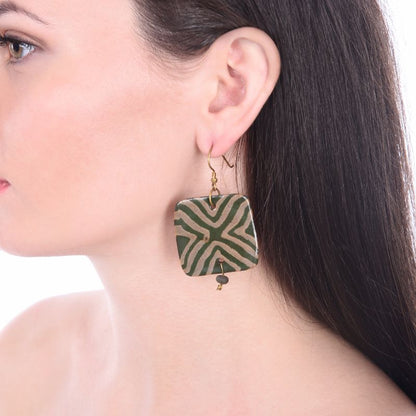 glazed ceramic square white & olive earring set