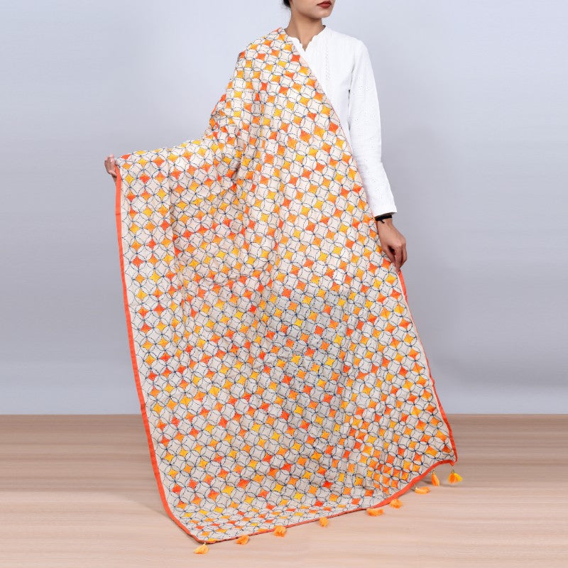 Phulkari design Off-white base with Red & Yellow color embroidery Stole