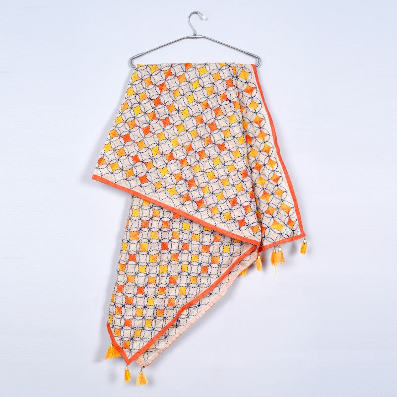 Phulkari design Off-white base with Red & Yellow color embroidery Stole