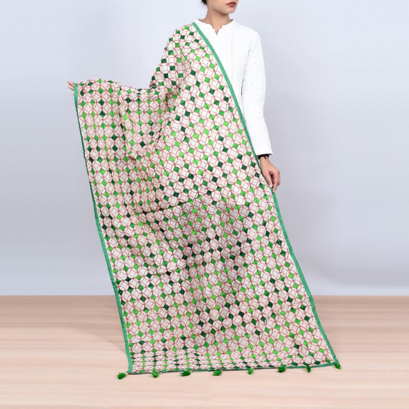 Phulkari design Off-white base with green color embroidery Stole