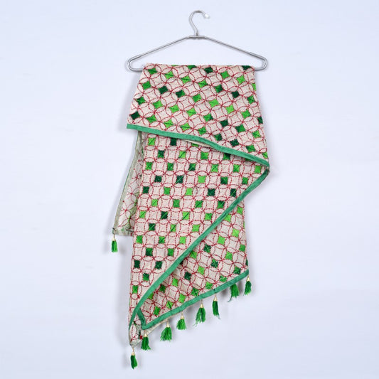 Phulkari design Off-white base with green color embroidery Stole