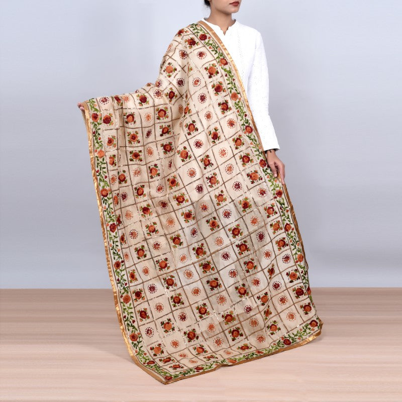 Phulkari design light brown base with multicolor embroidery Stole