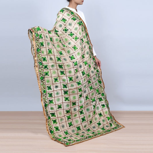 Phulkari design light brown base with green color embroidery Stole