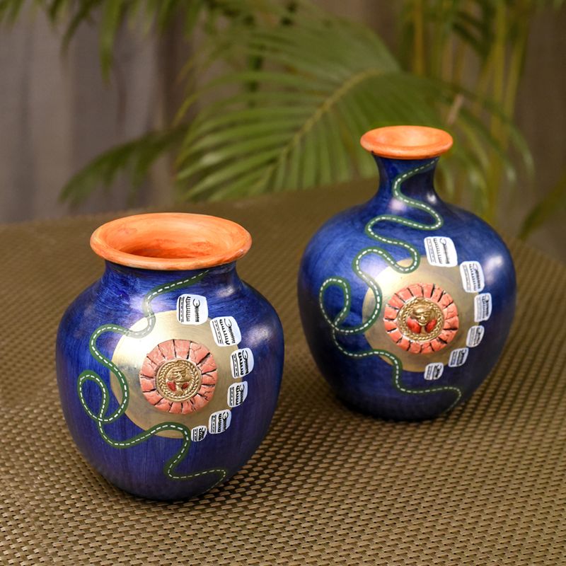 terracotta handpainted home decorative aqua flower vase with brass motifs(Set of 2)