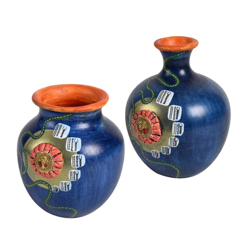 terracotta handpainted home decorative aqua flower vase with brass motifs(Set of 2)