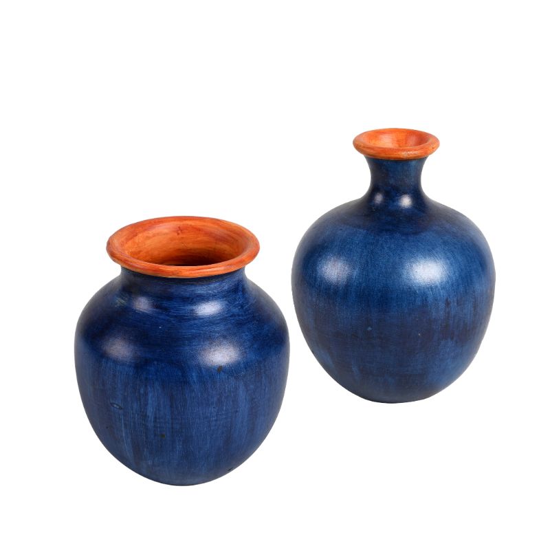 terracotta handpainted home decorative aqua flower vase with brass motifs(Set of 2)