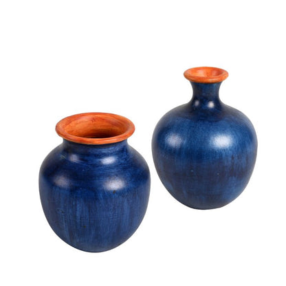 terracotta handpainted home decorative aqua flower vase with brass motifs(Set of 2)
