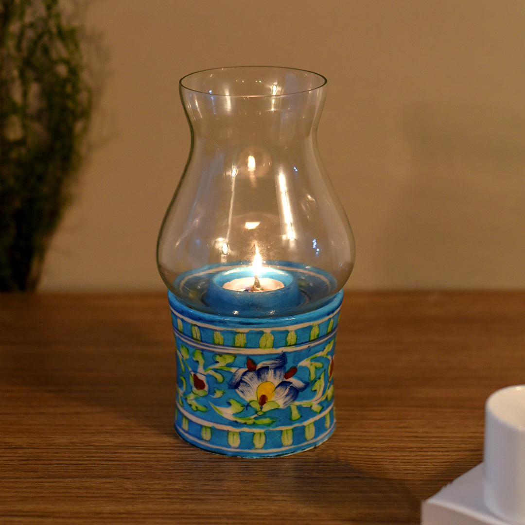 Glass Tealight Candle Holder for Home Office Living Room Decoration (Blue)